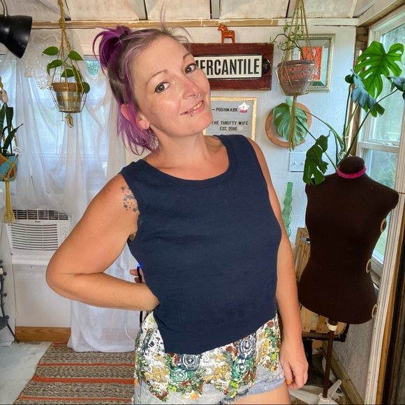 Anthropologie MOTH Navy Blue Sleeveless sweater attached MultiColor Lace Small - Picture 9 of 17